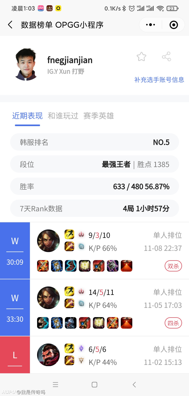目前韩服打野中rank最高分 Ig Xun 虎扑